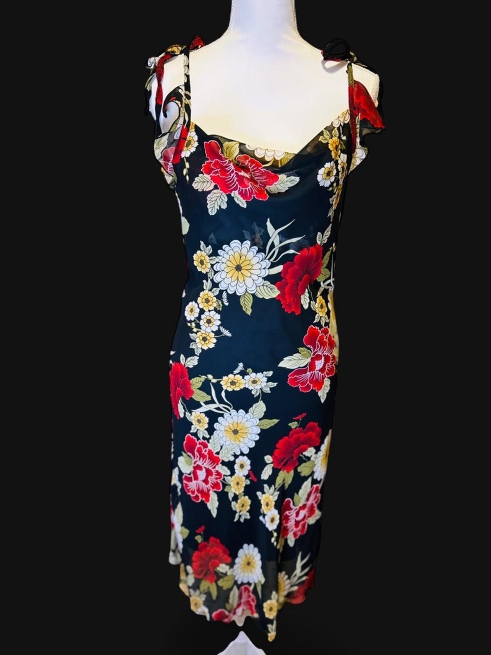 RetiredPapaya Clothing Black Yellow Floral Midi Dress L Made in USA Artsy